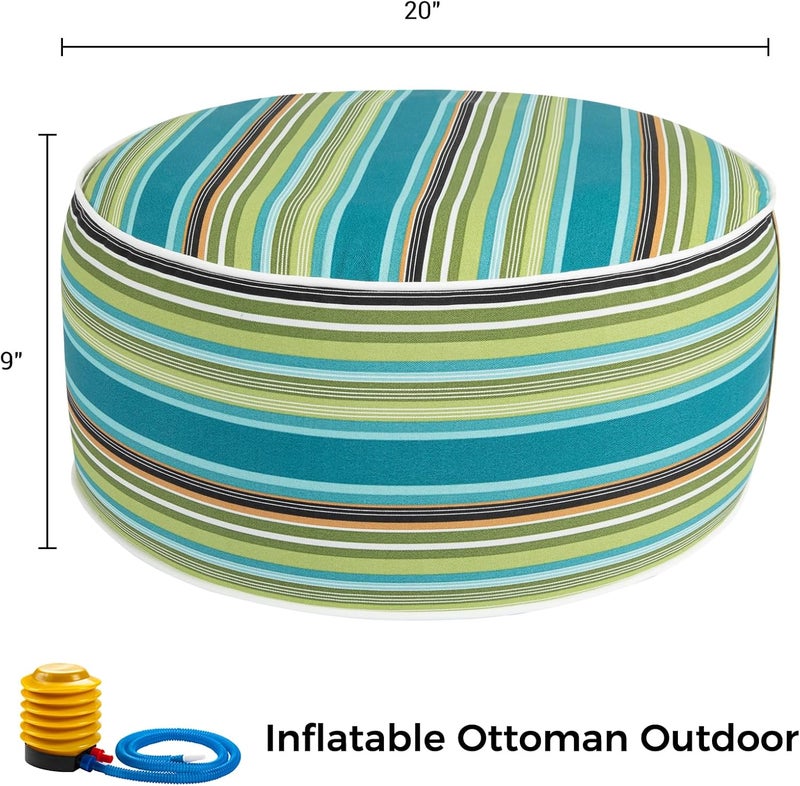 FUNHOME Inflatable Outdoor Ottoman with Air Pump,20"x9" Portable Patio Pouf,Water Resistant,Fade-Resistant,Round Blow Up Footrest Stools for Home Garden Camping Travel(Green Stripe) - Image 3